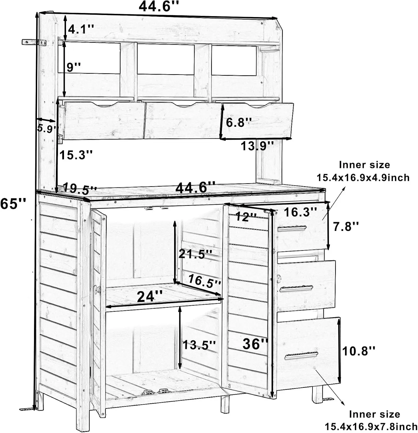 Farmhouse Patio Potting Bench with Drawers and Side Hook, Outdoor Kitchen Island with Bottom Cabinet, 44.6''x19.5'' Large Freest