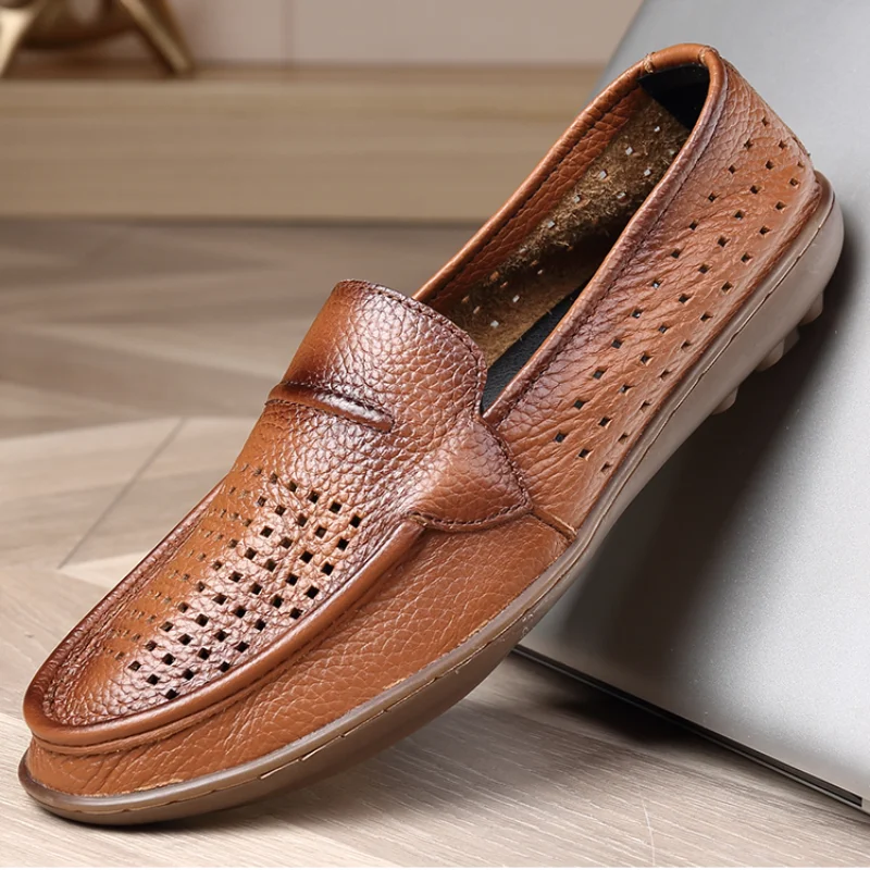 Summer Genuine Leather Men's Shoes Breathable Casual Loafer Shoes Luxury Breathable Soles Hollowed Out Cool Shoes