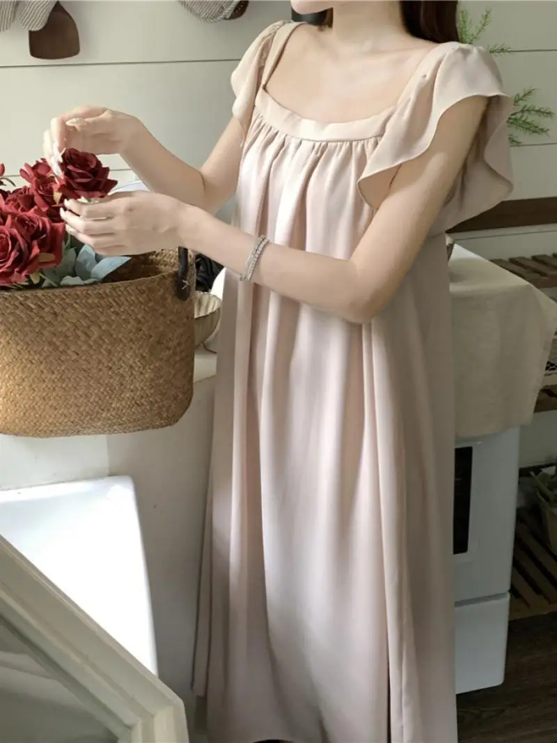 Korean version with corset ruffles halter nightgown female summer medium-length dress pajamas female square neck homewear