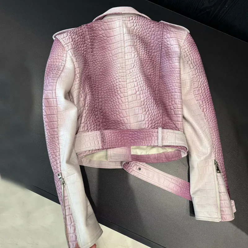 Women Coat Spring 2025 New Fashion Genuine Leather Jacket Imitation Crocodile Skin Texture Motorcycle Model