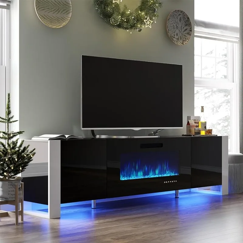 

70" Fireplace TV Stand, High Gloss Entertainment Center with LED Lights, Modern Entertainment Stand for TVs up to 80", Black