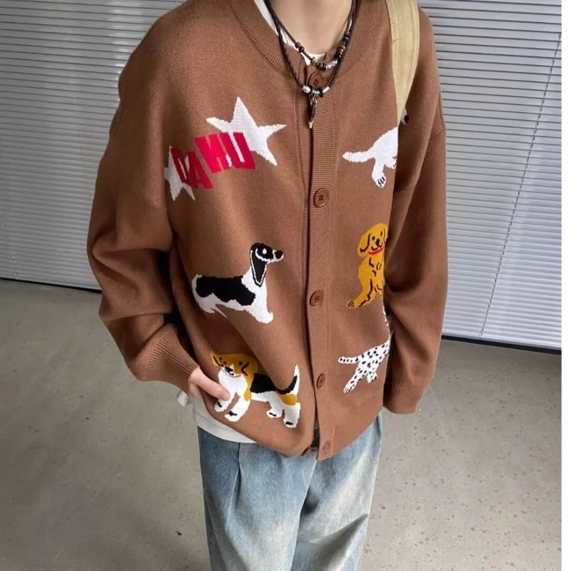 Lazy Style American Vintage Cardigan Long Sleeve Single Breasted Cartoon Jacquard Sweaters Casual Loose Cute Women Clothing 2025