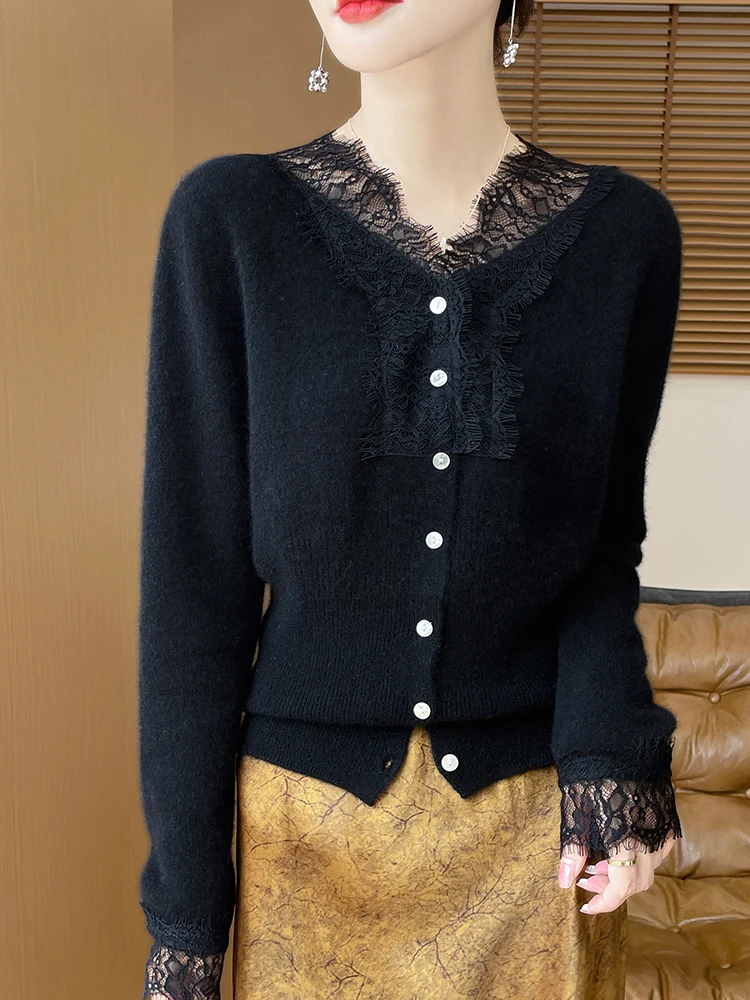 Luxury Women Lace Edged Cardigan V-neck Buttoned Sweater 100% Merino Wool Knitwear Spring Autumn Cashmere Sweater Popular Tops