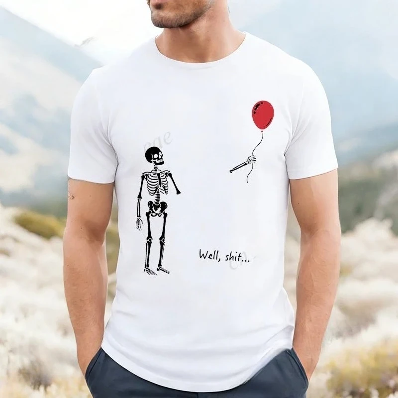Skeleton Lost Balloon Graphic T Shirt Men Well Shit Funny Skeleton T-Shirts Dark Humor Gothic Sarcastic Unisex Streetwear Gift