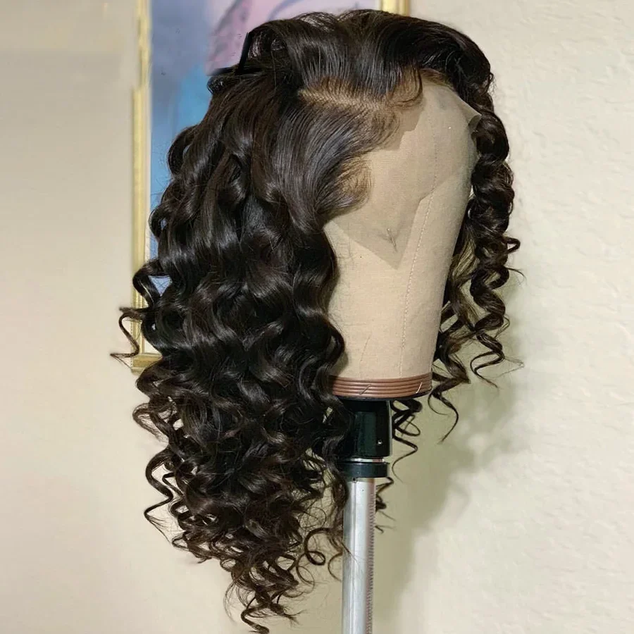 Perruque Lace Front Wig bouclée noire naturelle, 26 pouces, densité 180, Deep Wave, sans colle, cheveux de bébé, préplumés, pour femmes