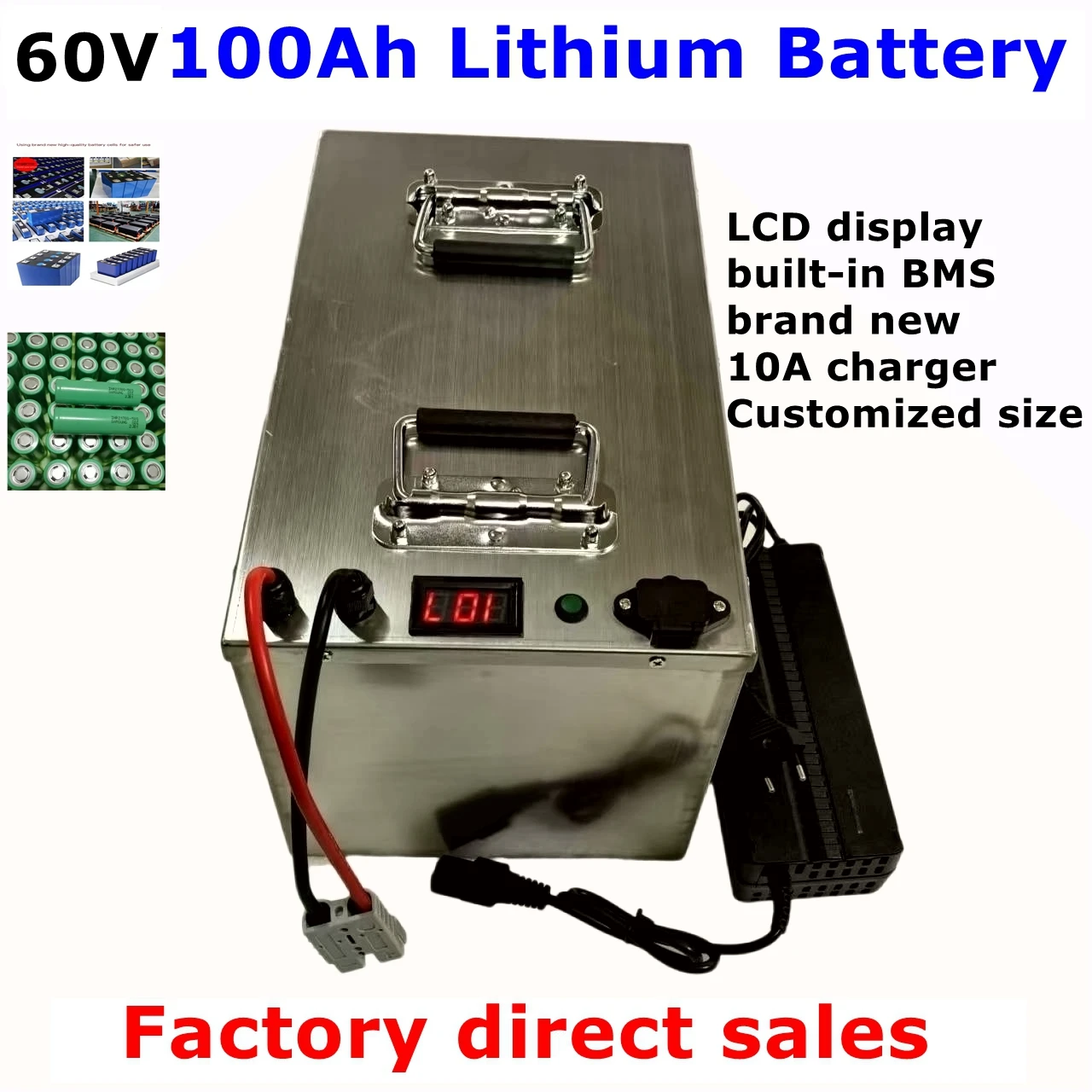 

LL-Batterie lithium-ion haute puissance, boîtier métallique, 60V, 100Ah, 5000W, pour moteurs de bateaux, panneaux solaires et éo