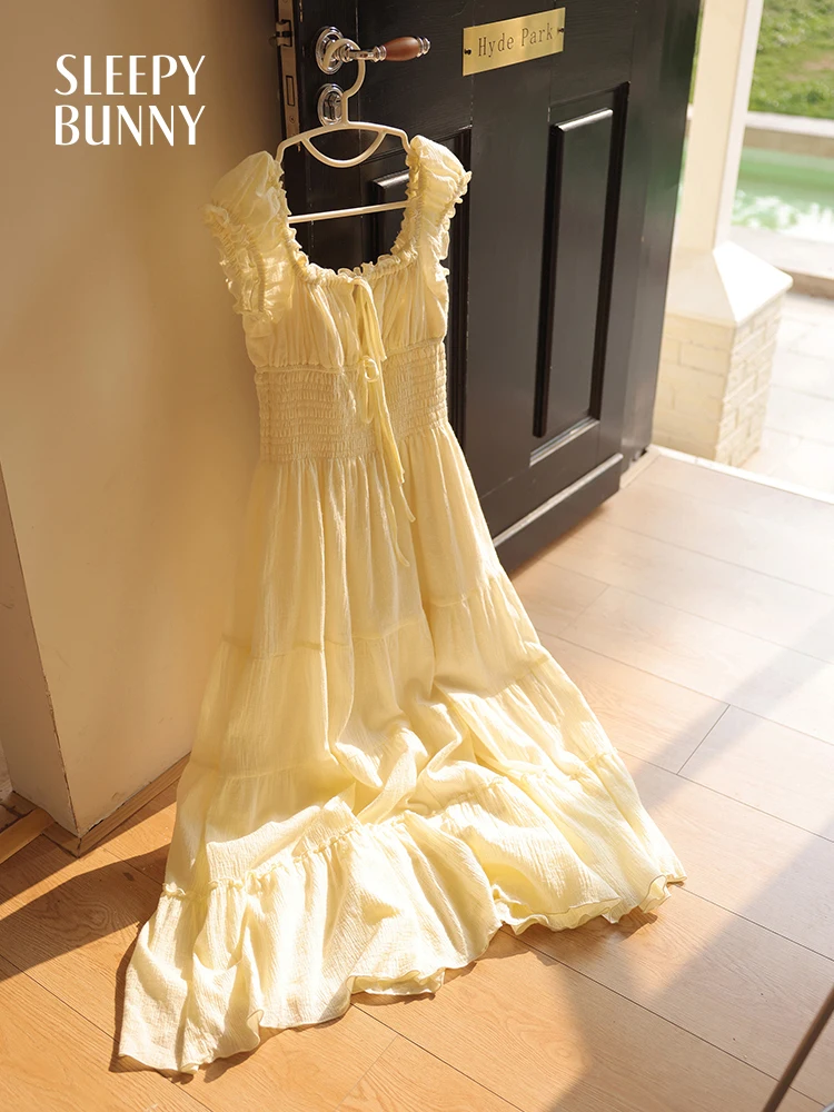 Verão estilo francês vestido de pescoço quadrado para mulheres doce plissado manga cintura alta em camadas bainha maxi vestido de verão fino ajuste saia fluida