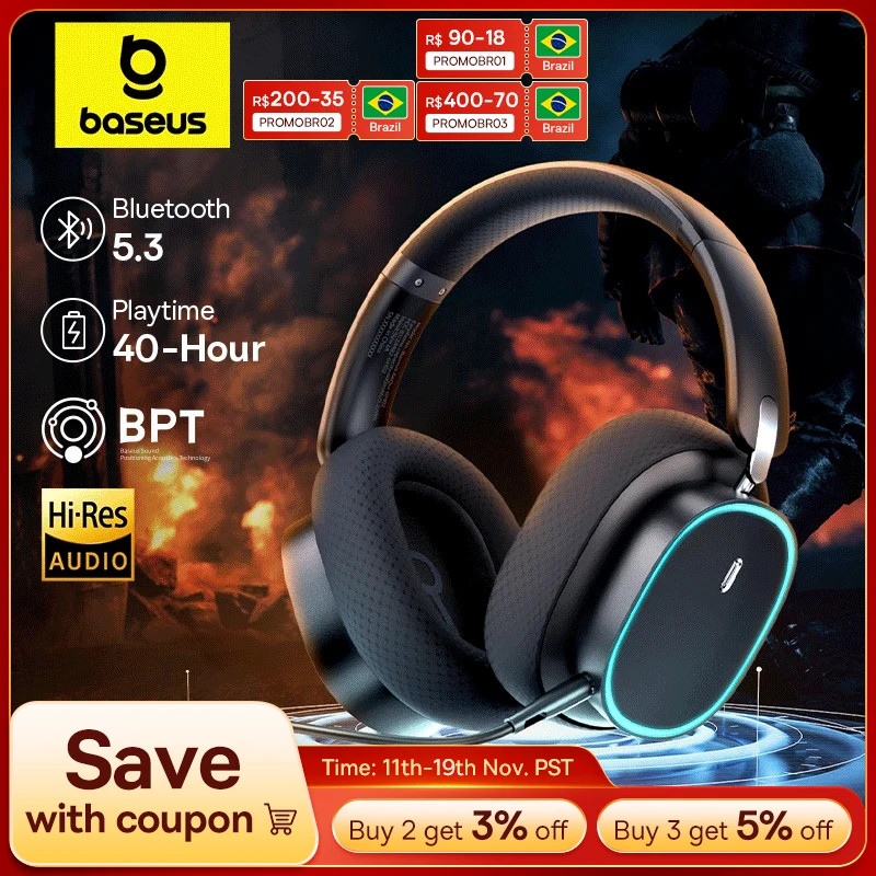 Baseus GH02 Gaming Wireless Headphone com microfone Over-Ear Fones de ouvido Bluetooth 5.3 40mm Driver 2.4G/Wireless/Cable RGB Fones de ouvido
