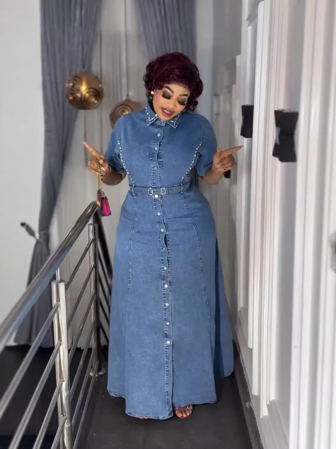 diamond denim dress Summer Lapel Short Sleeved Cinched Waist Tie up Long Shirt Skirt Hot New 33” Length Blue denim mini dress in