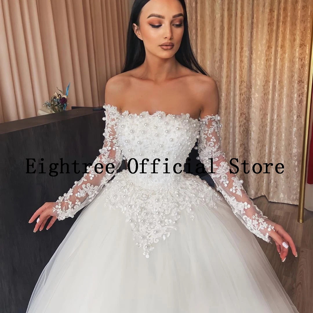 Eightree Sexy Wedding Dresses Off Shoulder Lace Applique Pearls Bride Dress White Princess Wedding Evening Ball Gowns Plus Size