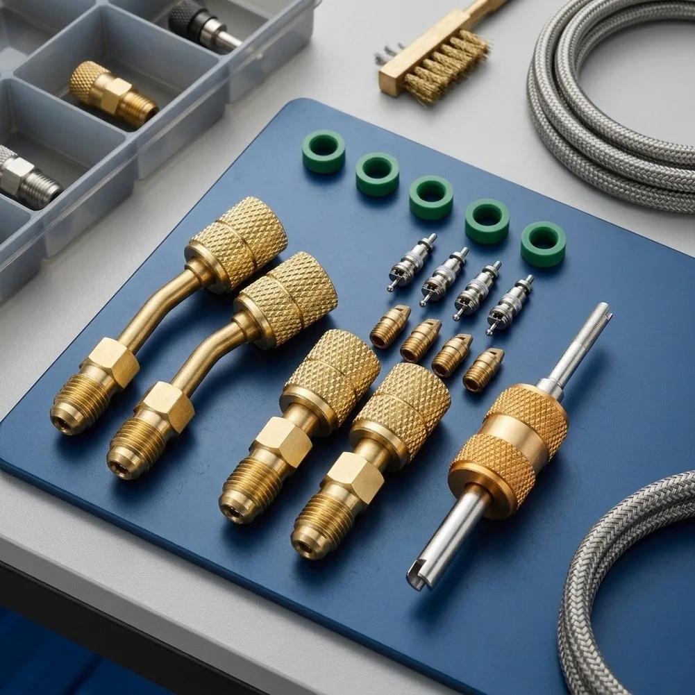 Brass R410A Adapter Kit For Mini Split Systems 5/16 To 1/4 Hose Conversion With Thimble Valves And Cores