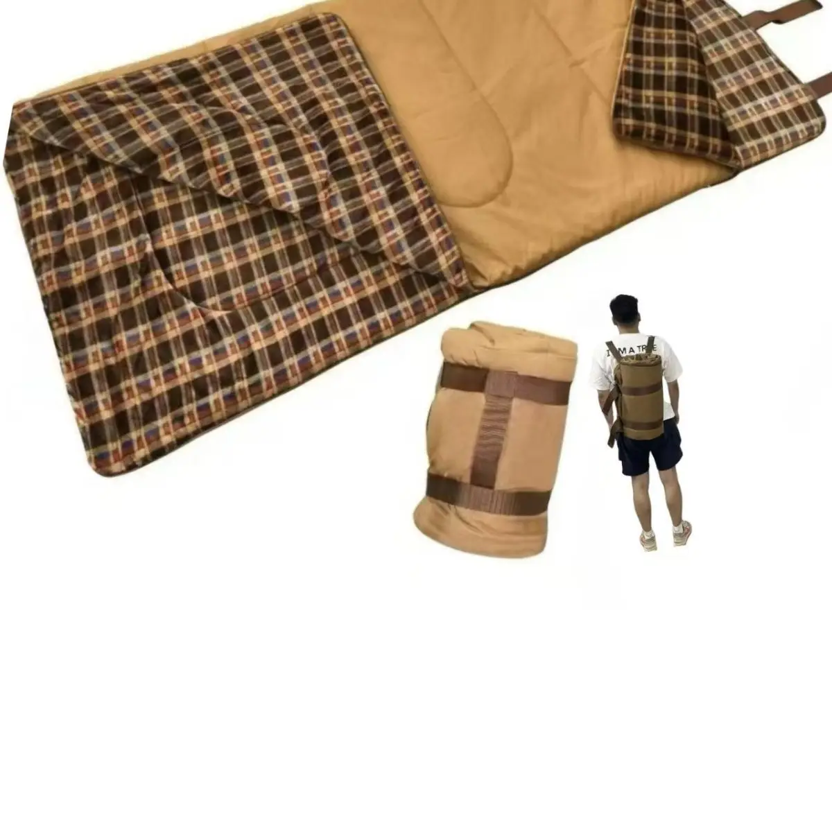 Sleeping Bag Warm Flannel Khaki Plaid Reversible Portable Foldable Backpack Carrying For Adult Outdoor Camping Hiking Travel