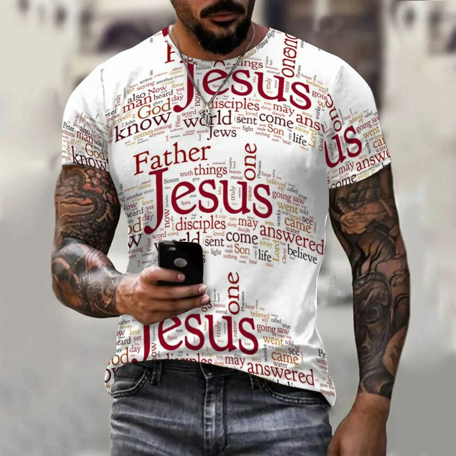 Nieuwe modieuze letter Jezus gedrukt 3D grafische heren T-shirt modieuze straat ronde hals korte mouwen casual top T-shirt