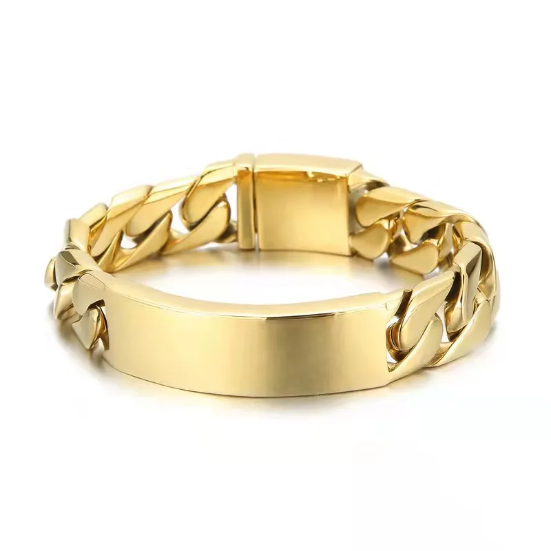 Hip Hop Heavy Silver/Gold/Black Curb Cuban Link Chain 125G Stainless Steel ID Bracelet Bangle Men\'s Biker Jewelry 22inch*17mm