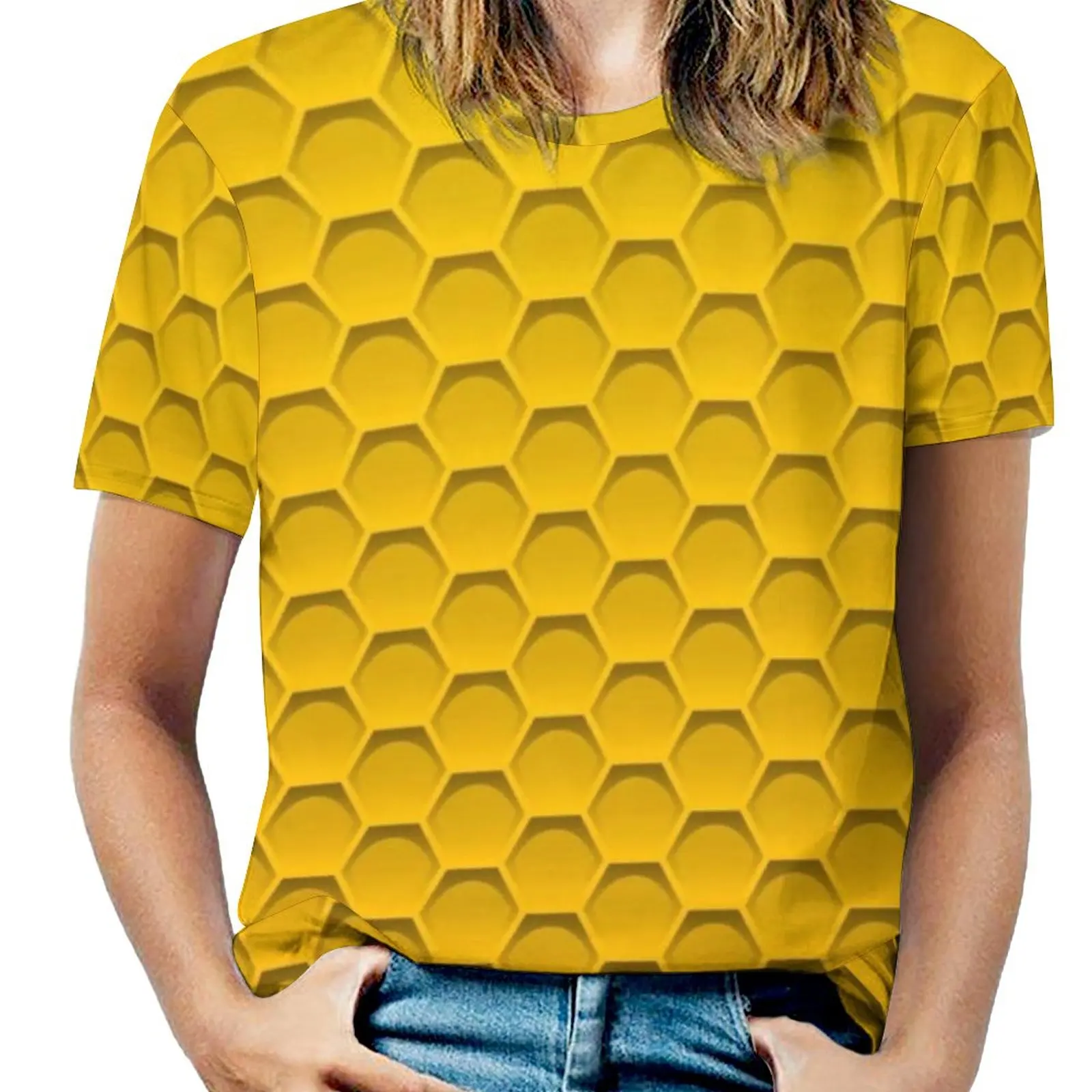 Honeycomb Pattern-Great For Bee Halloween Costume Fashion Print Women Ladies Girls T-Shirt Harajuku Round Neck Short Sleeve