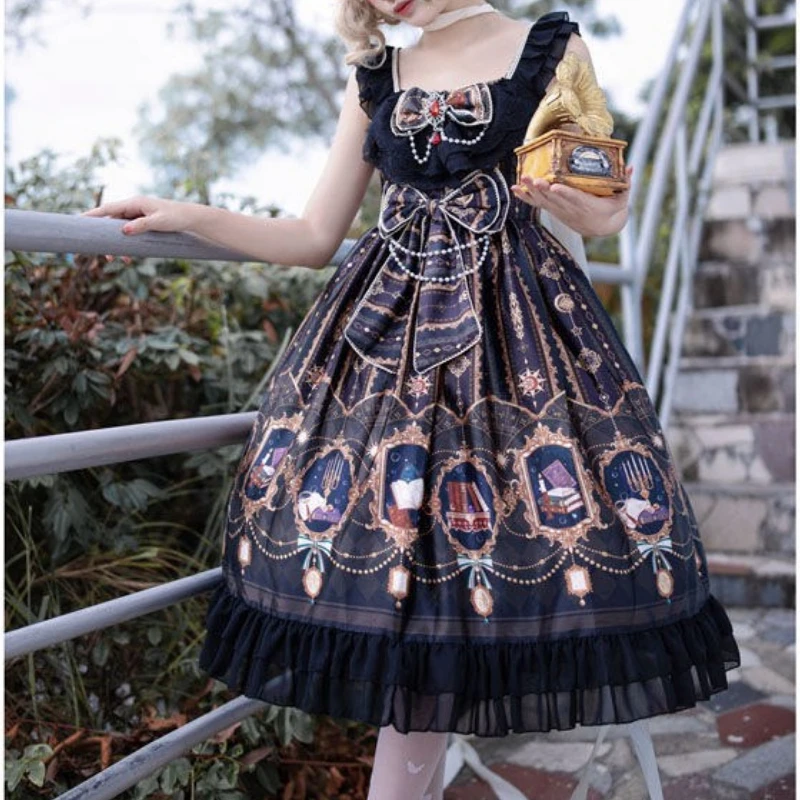Victoria Vintage Gothic Lolita JSK sukienka damska słodka gwiazda kokarda elegancka księżniczka sukienka bez rękawów dziewczęca impreza czarne sukienki z paskiem