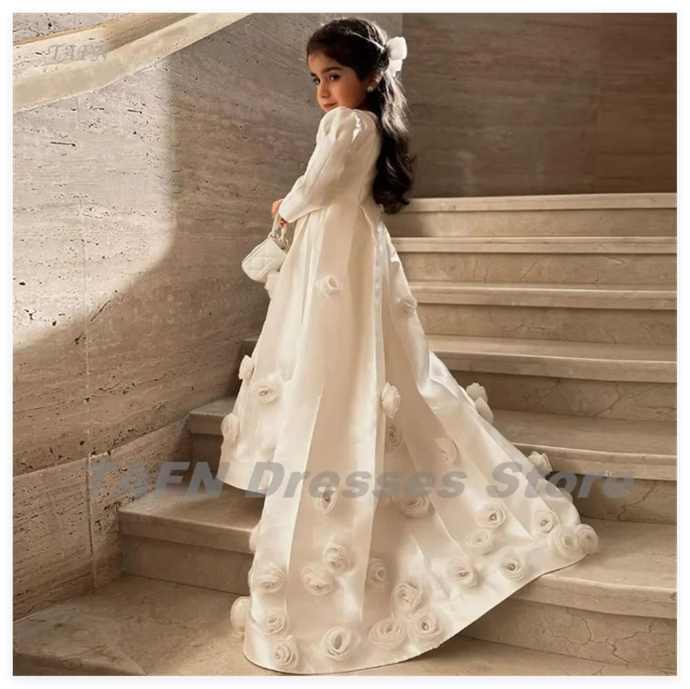 Robe de princesse arabe en satin perlé pour enfants, robe blanche de Dubaï, robe de Rhlongue, perles, mariage et fête d'anniversaire