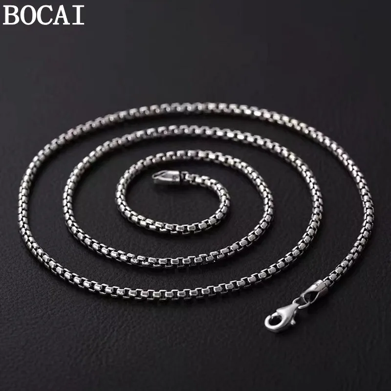 BOCAI New S925 Pure Silver Retro Simple Round Box Necklace Men's And Women's Selected Gifts