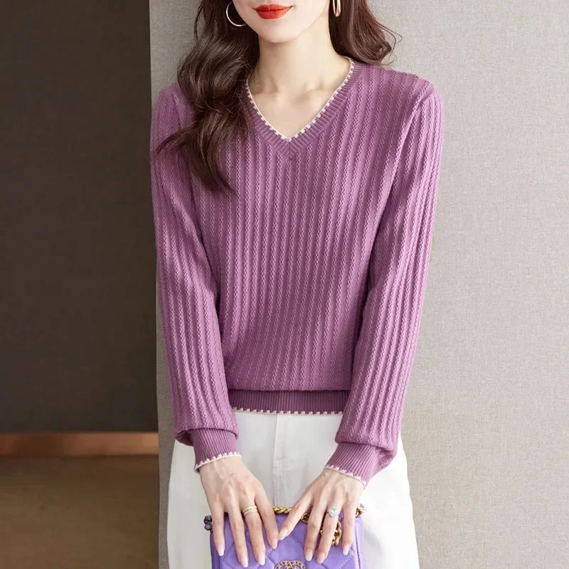 2024 Autumn V Neck Women Sweater Knitted Pullover Jumper Chic Soft Korean Slim Long Sleeve Top Female Basic Coats