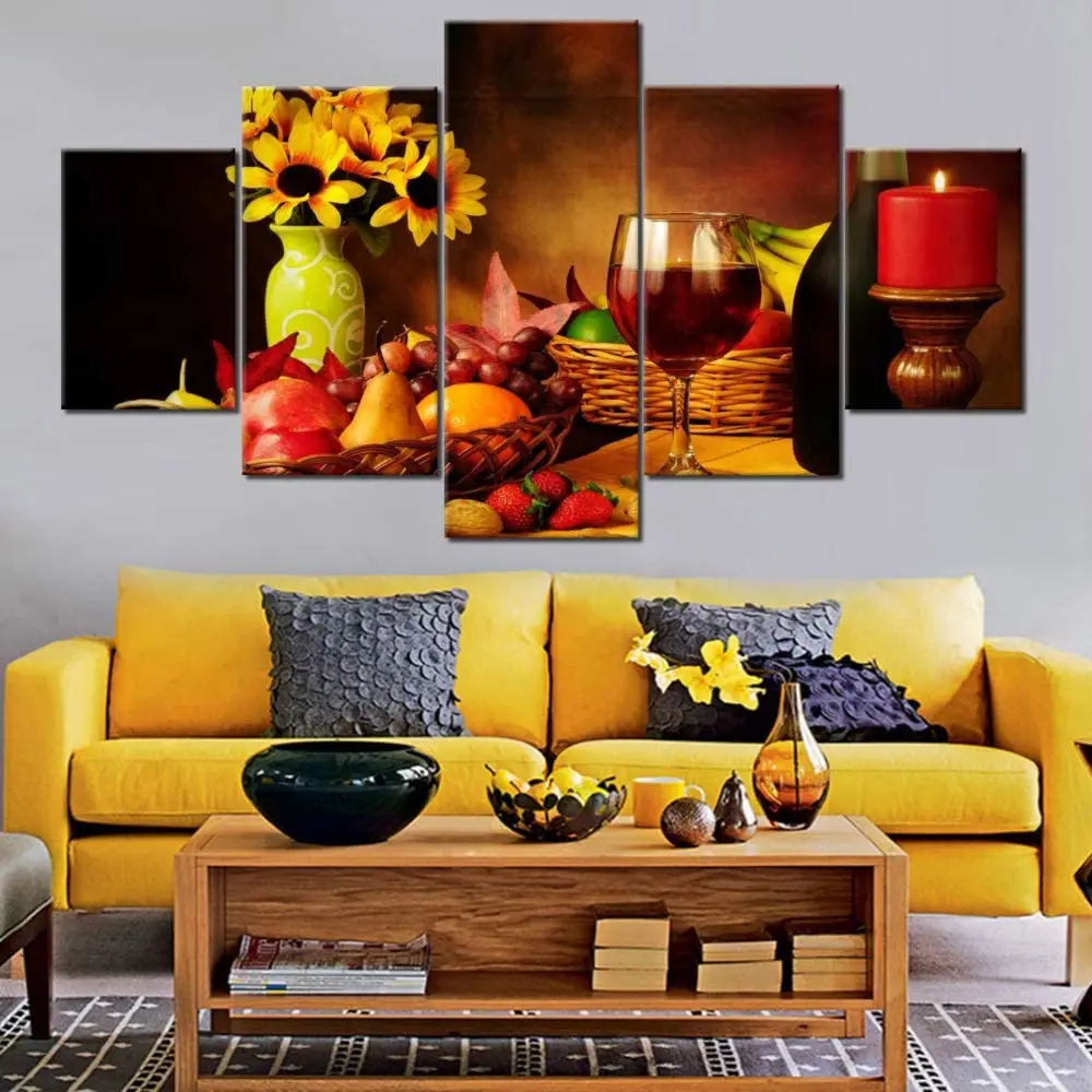 

Unframed 5 Panel Red Wine Candle Colorful Fruit Sunflower Canvas Printed Posters Wall Art Pictures HD Paintings Room Home Decor
