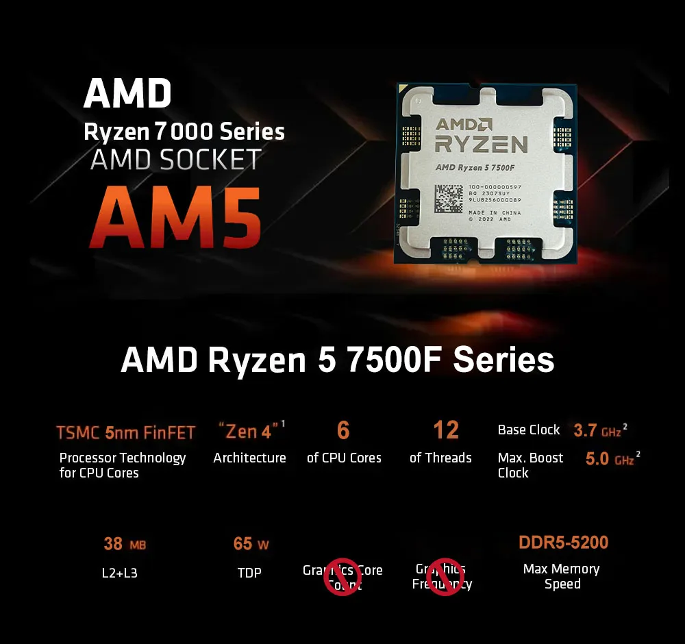 AMD Ryzen 5 7500F R5 7500F 3.7 جيجا هرتز 6-Core 12-Thread CPU 5NM L3=32M 100- 000001015 مقبس AM5 جديد ولكن بدون كول #4