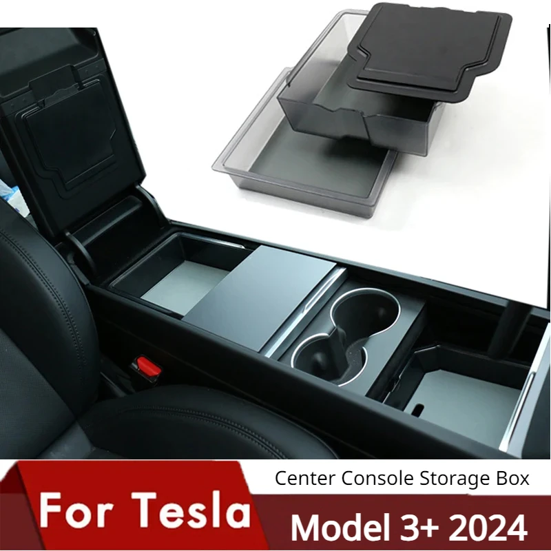 For Tesla Model 3 High land 2024 Center Control Armrest Box Double-layer Storage TPE+ABS Center Control Layered Tray Container