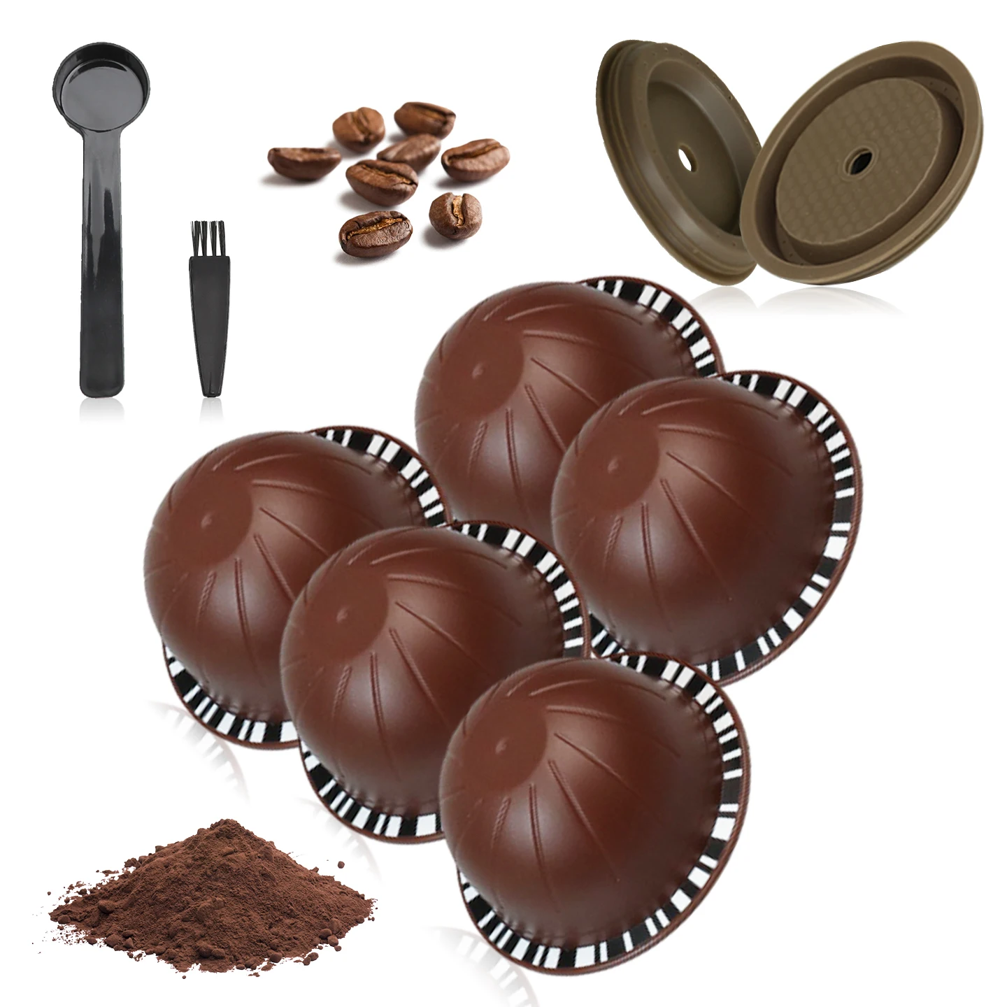 150ml/230ml Reusable Coffee Capsule Set, Refillable Filter Shells with Silicone Lids, Spoon and Brush