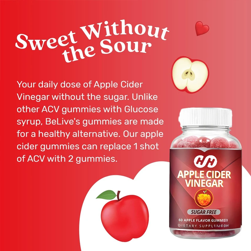 60 Apple Cider Vinegar Gummies - ACV Sugar Free Gummies Detoxify and Clean Digestive Health,non Genetically Modified,gluten Free