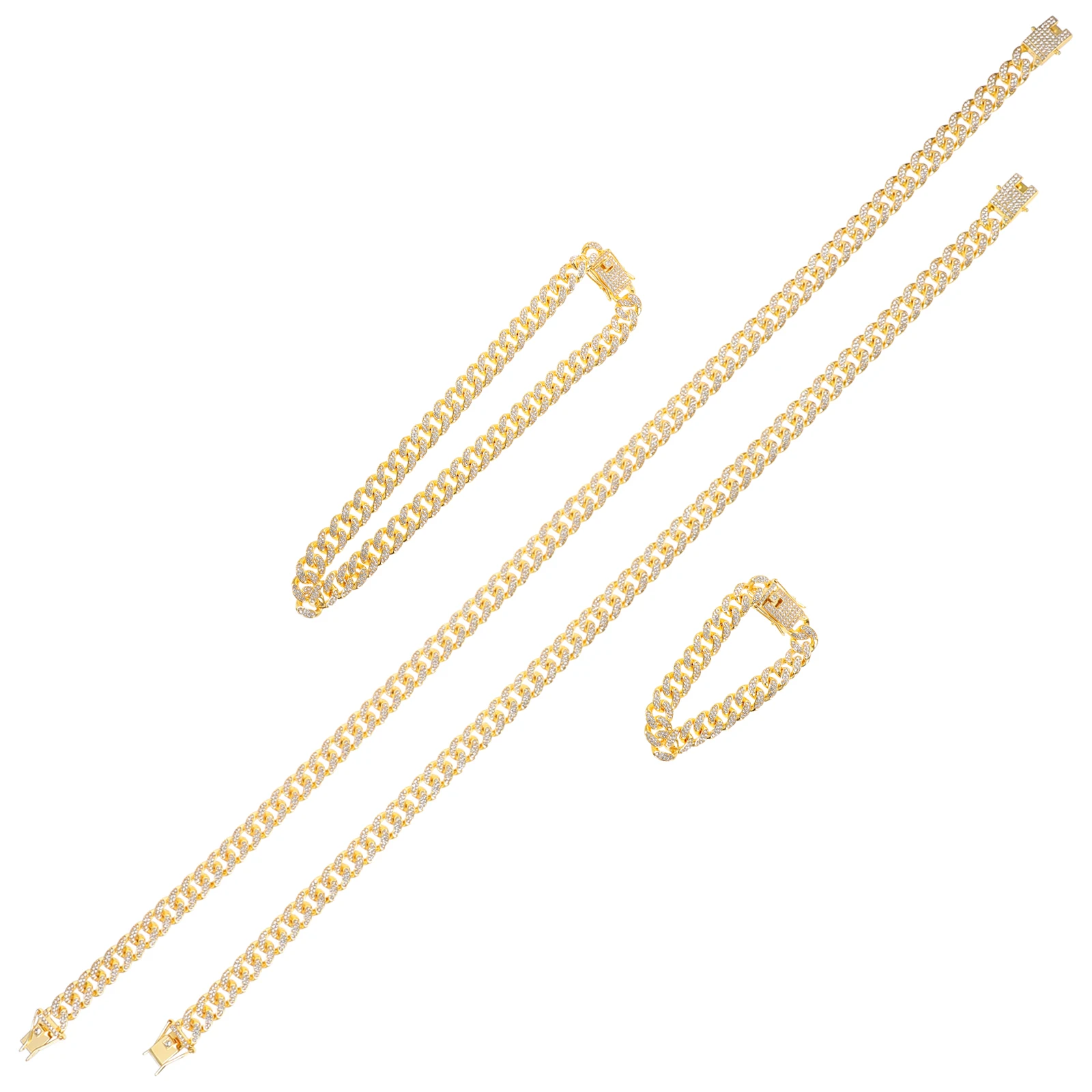 

4pcs Diamond Studded Link Chain Necklace Bracelet Set 20cm 45cm 50cm 60cm Shiny Hip Hop Jewelry for Unisex