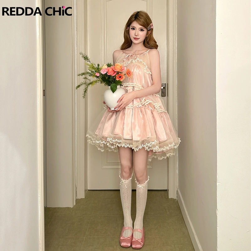 

Платье ReddaChic Coquette с оборками и многоярусной юбкой, милое розовое, в стиле принцессы, с пышным бантом, мини-платье на бретельках, цельное, для вечеринок, в стиле балеткор