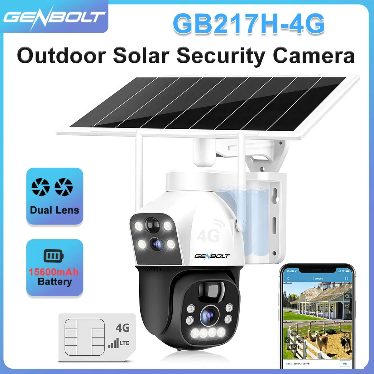 

GENBOLT 4G SIM Solar Camera 4X Zoom Wireless Outdoor Cameras with HD 30m Night Vision15600mAh PTZ Surveillance Camera Dual Lens
