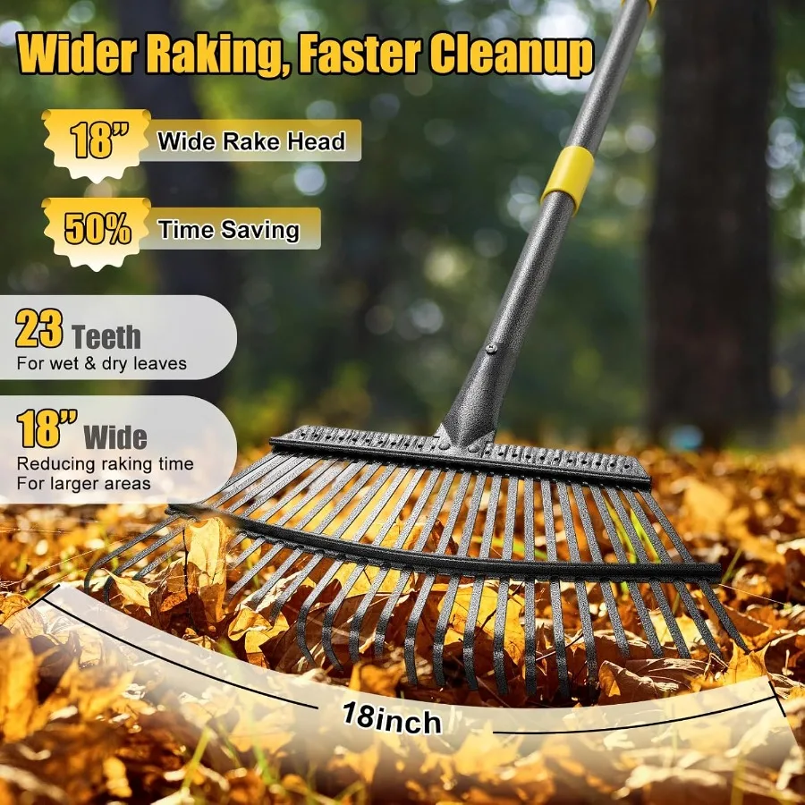 頑丈なガーデンレーキで効率的な落ち葉やゴミの掃除：18インチ幅の金属製レーキ、65cm調節可能なハンドル、25歯のデザイン