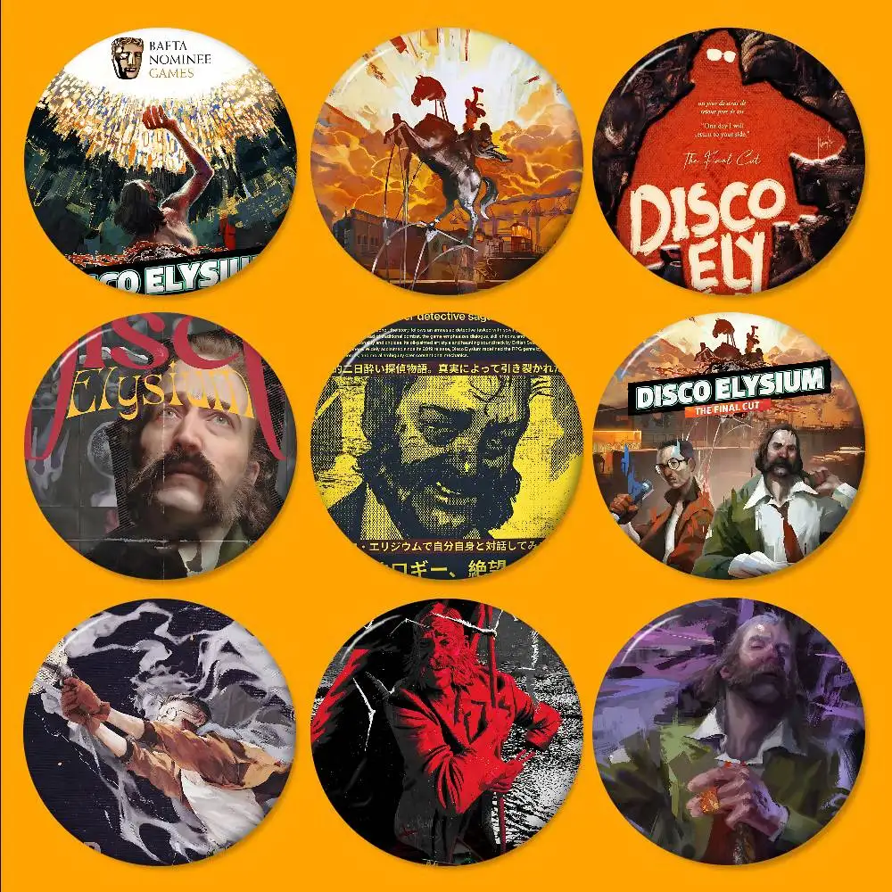 Classic Games D-Disco Elysium 32/44/58mm Round Cartoon Brooches Handmade Pins for Backpack Jewelry Accessories Gifts Creative