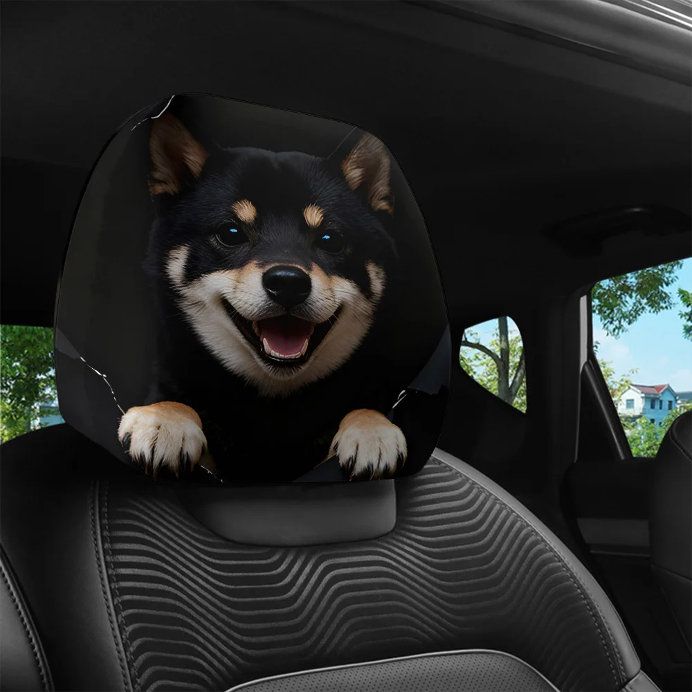 2pcs, Black Shiba Inu Quirky Printed Car Headrest Covers, Unique Interior Decoration, Easy to Install And Wash