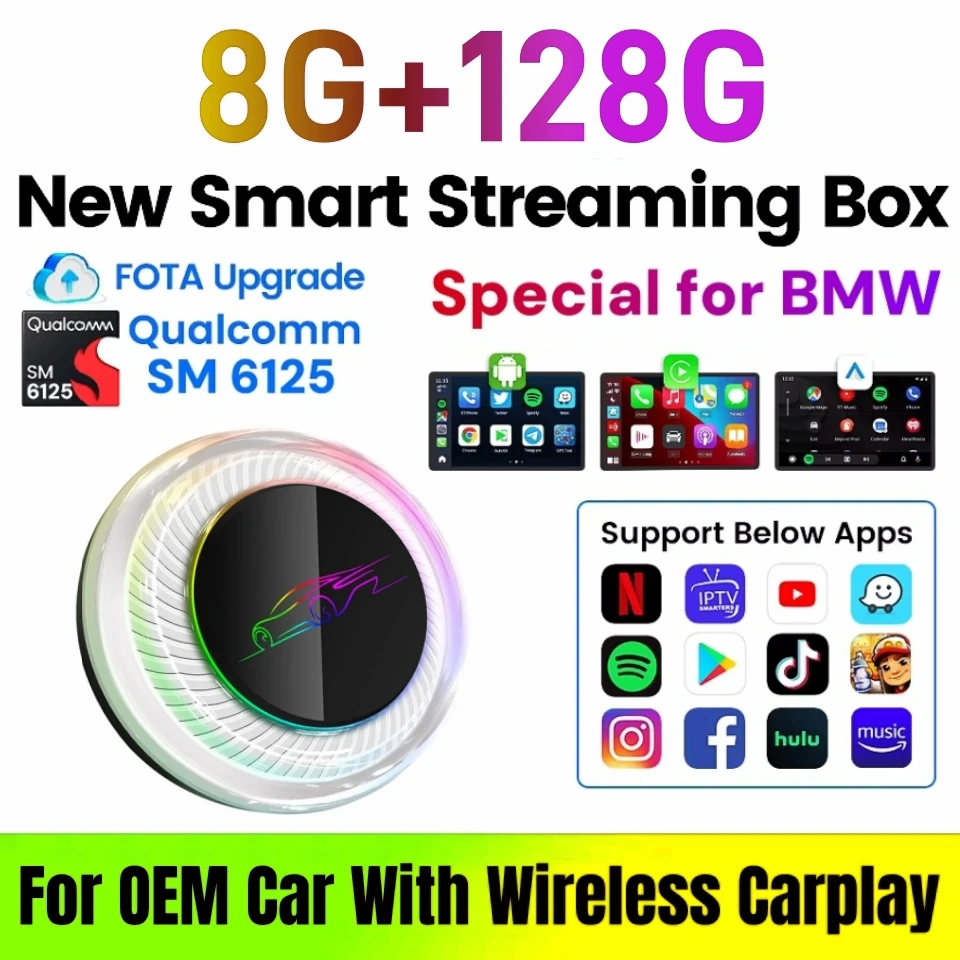 Boîtier AI sans fil pour BMW ou autres voitures équipées du système CarPlay sans fil, 8 Go de RAM, 128 Go de ROM, double WiFi, prend en charge la carte SIM 4G