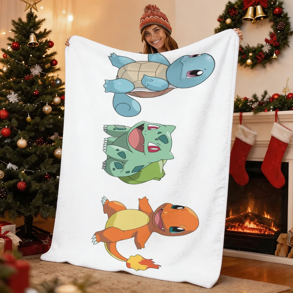 Pokemon Pikachu Gengar Bulbasaur Charmander Squirtle Psyduck Flannel Throw Blanket Soft Warm Blanket for Sofa Bed Home Decor Gif