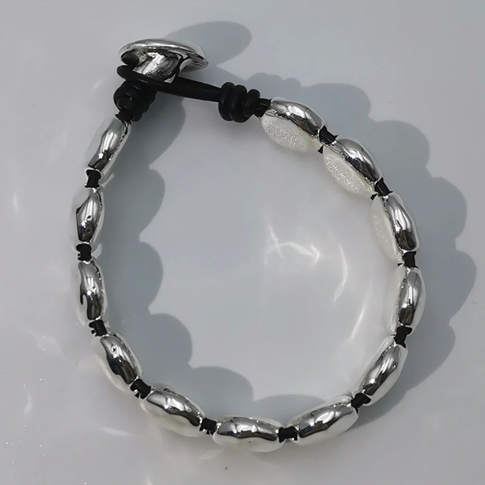 Pulsera de cuerda de cuero con Cuentas planas de plata de alta calidad para mujer, accesorios únicos de España, bolsa de regalo de joyería, 2024