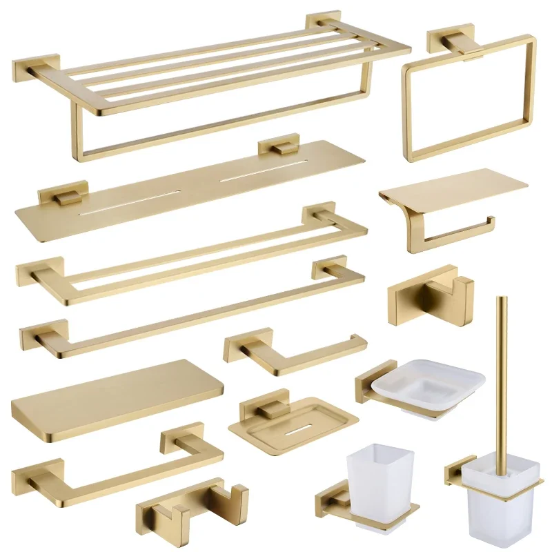 Brushed Gold Bathroom Accessories Set Toilet Brush Holder Toilet Paper Holder Towel Bar Rail Rack Hanger Hook Soap Dish Hardware