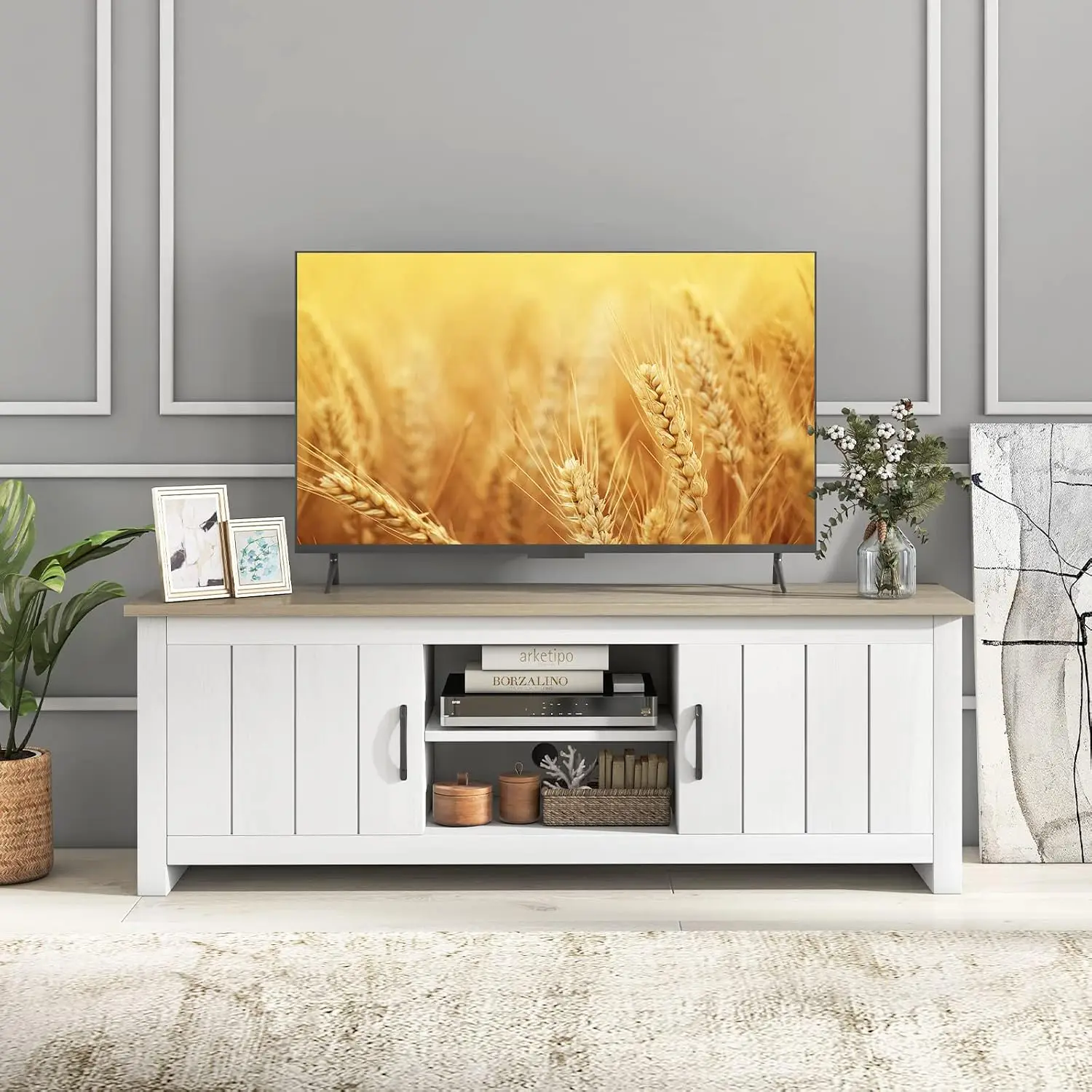 2-Door TV Stand Media Console w/ Cabinets & Shelves, Cable Holes, Wood Entertainment Center for Living Room, 65", Customized