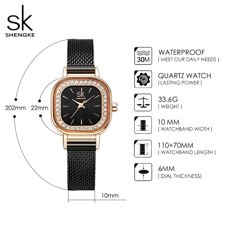 Shengke New Luxury Watch For Women Classic Square Rhinestone Dial Women\'s Watches Black Milanese Strap Japanese Quartz Movement