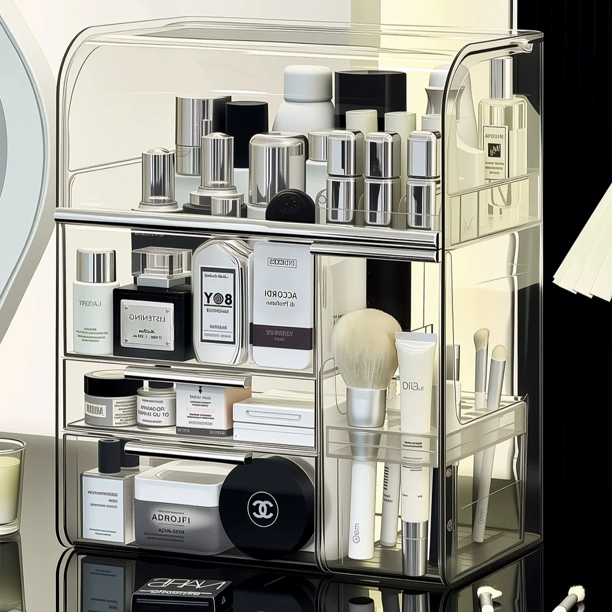 Large Capacity Acrylic Cosmetic Box,Premium Skincare Organizer,Elegant Vanity Storage for Makeup, Puff and Daily Beauty Supplies