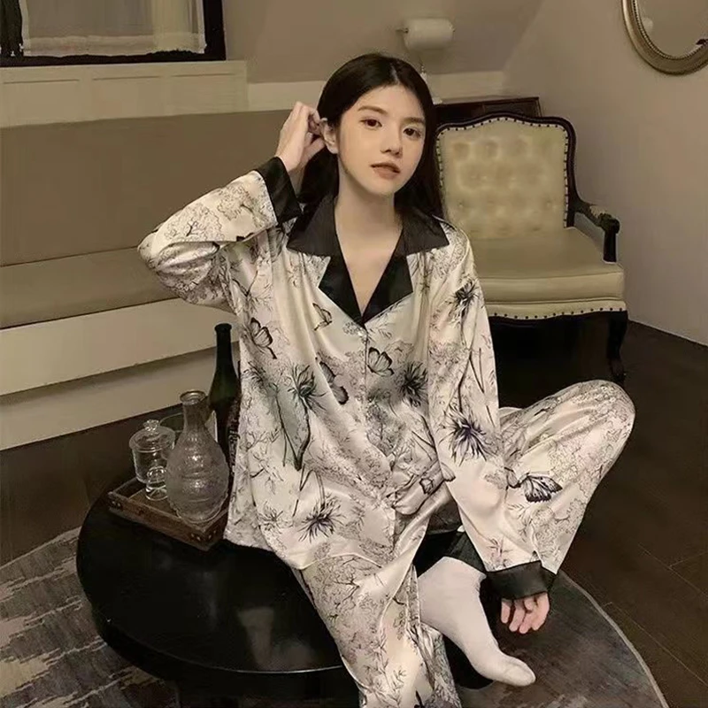 Print Sleepwear Women Pajama Sets Korean Piiama Casual Night Wears Autumn Pants Sets 2 Pieces Button Long Sleeve Home Suit New