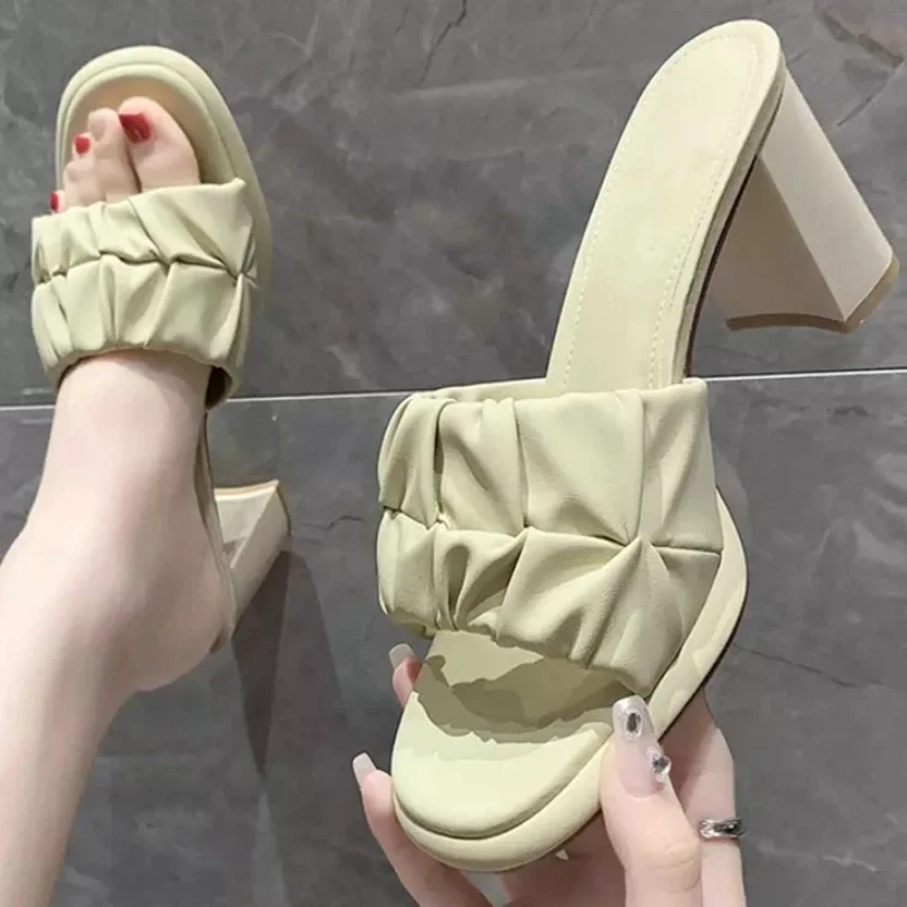 

2025 Summer new Korean open-toe sandals women's shoes Chunky heel Mules work pumps high heels