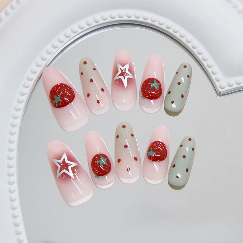 

24PCS Dreamy Ice Crystal Tomato False Nails with Almond Fake Nail Gradient Polka Dot Stars Design Sweet Cute Girl Press on Nails