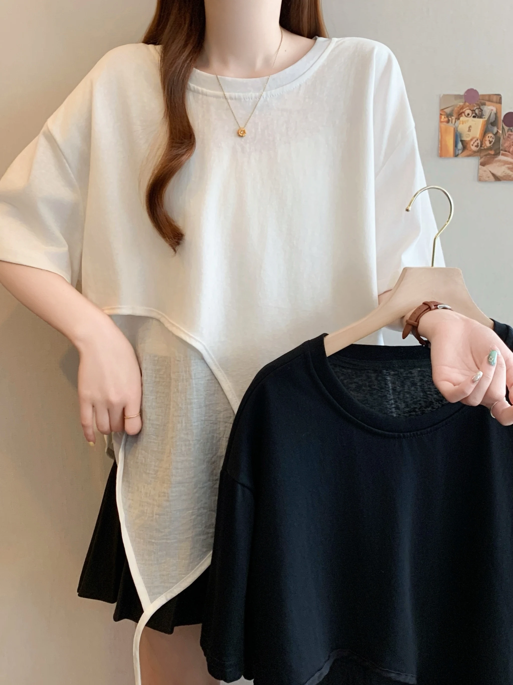 

Свободная модная простая асимметричная футболка с коротким рукавом и вставками, больших размеров, летняя, в европейском стиле, женский топ премиум-класса