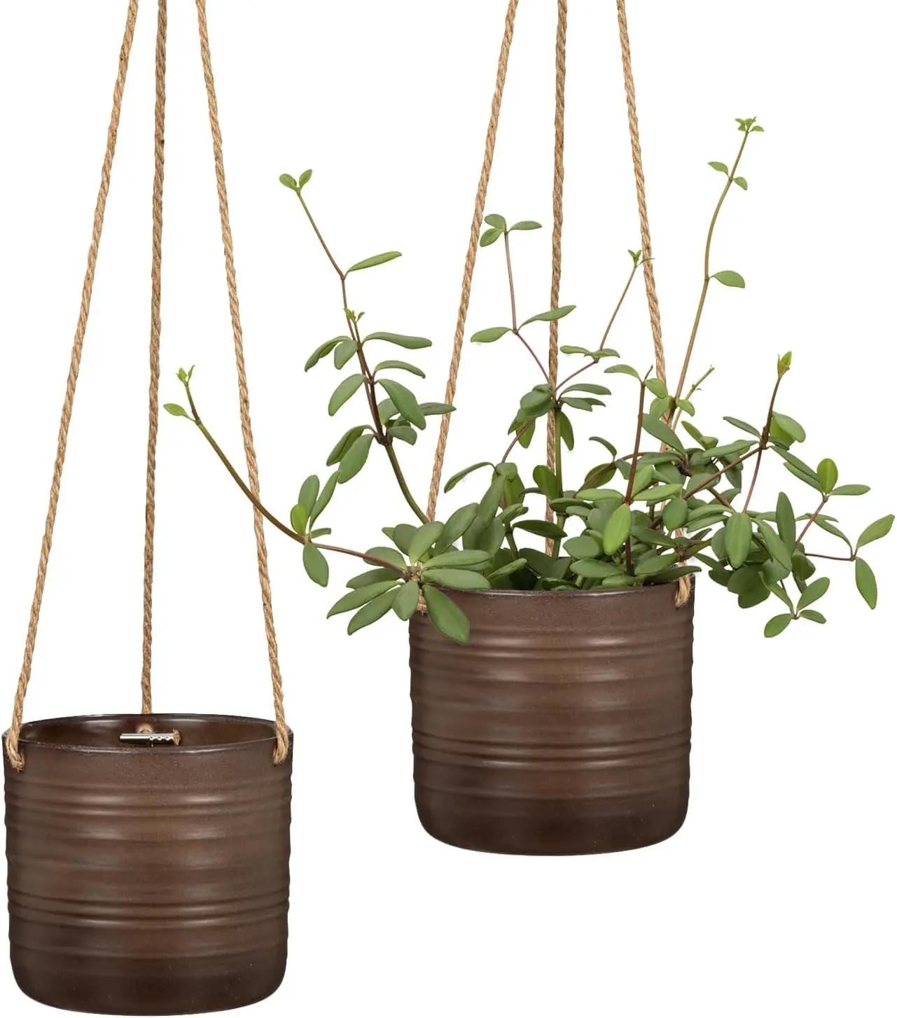

Set of 2 Dark Oak Ceramic Hanging Plant Pots with Sisal Rope, Waterproof & Durable for Indoor/Outdoor Plants