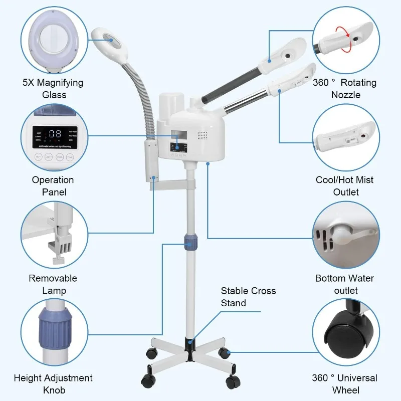 Facial Steamers Professional 3 in 1 Facial Steamer with 5X Magnifying Lamp, Upgrade PTC Heating, Hot/Cool Mist Steamer for Home