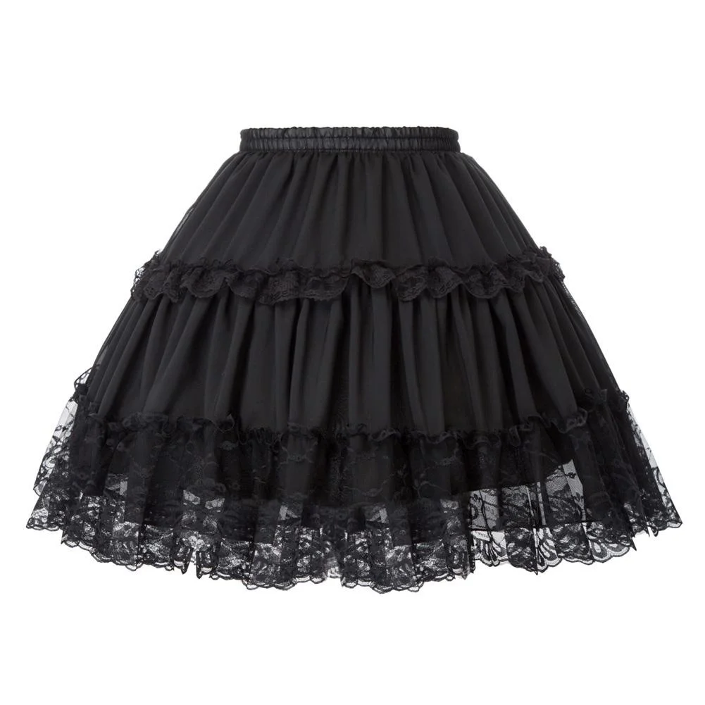 ผู้หญิงLolitaกระโปรงCrinoline PetticoatชุดราตรีกระโปรงVINTAGE Elasticเอว 2-LOOP Ruffles Swing Gothicกระโปรง