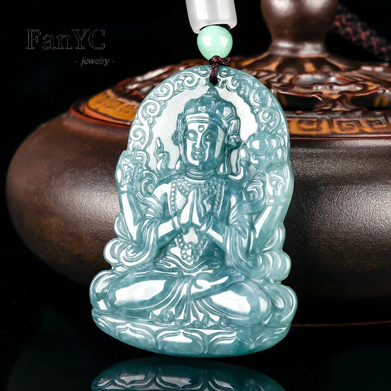 

Natural Jadeite Blue Water Four-armed Guanyin Pendant Hand-carved Exquisite Luxury Ice Jade Necklace Men and Women Holiday Gift