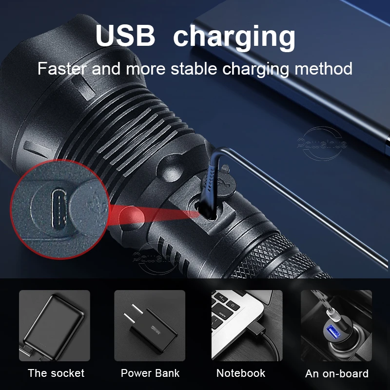 Super High Power XHP 360 Ultra Powerful Rechargeable Strong  Flashlight Led Usb Charging Led Lanterna Hand Torch 18650/26650